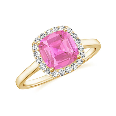 Cushion Cut Pink Sapphire Halo Engagement Ring with Moissanite Halo