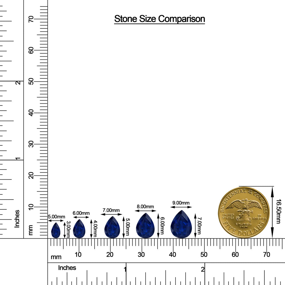 Pear Blue Sapphire Leverback Drop Earrings with Moissanite size chart
