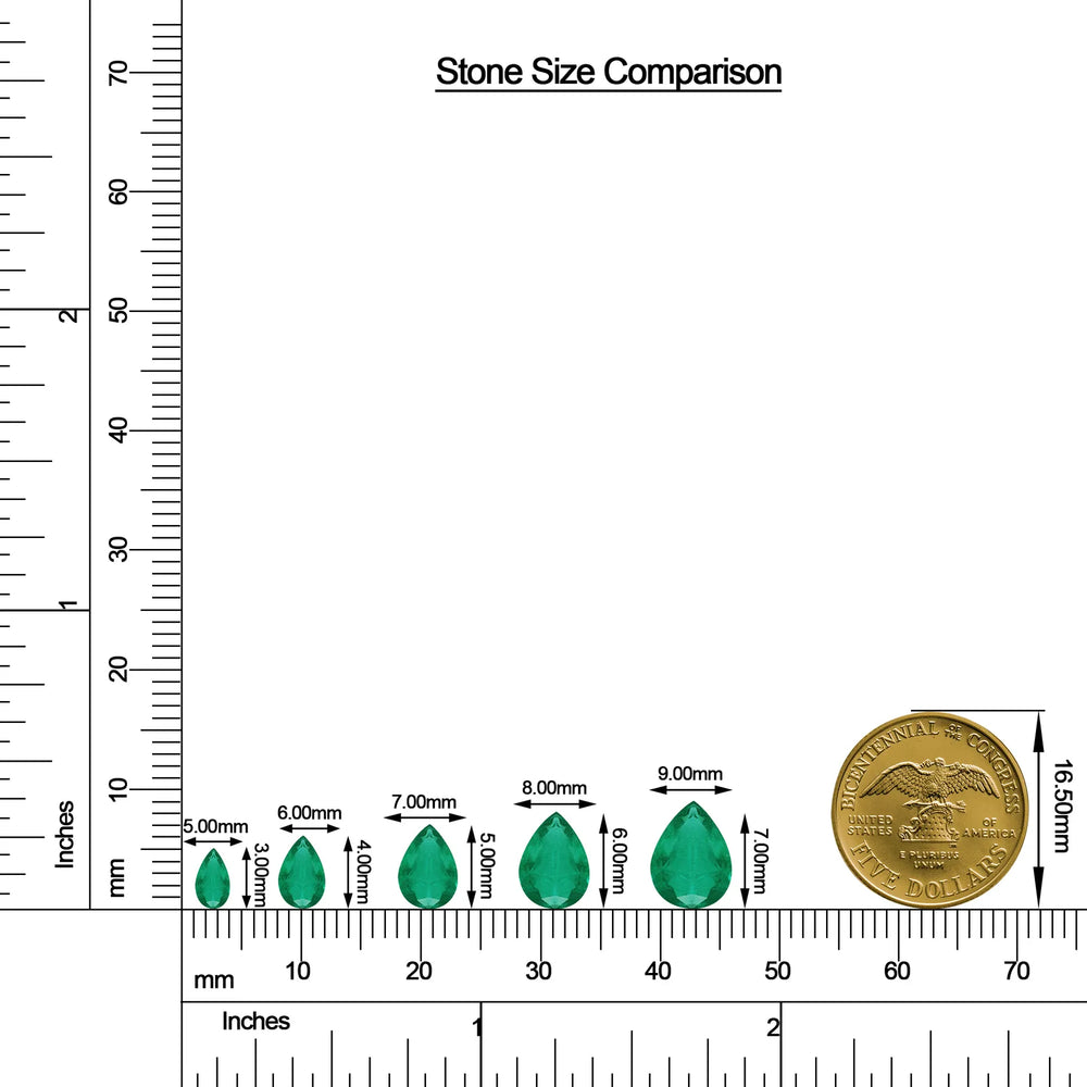 Pear Emerald Leverback Drop Earrings with Moissanite size chart
