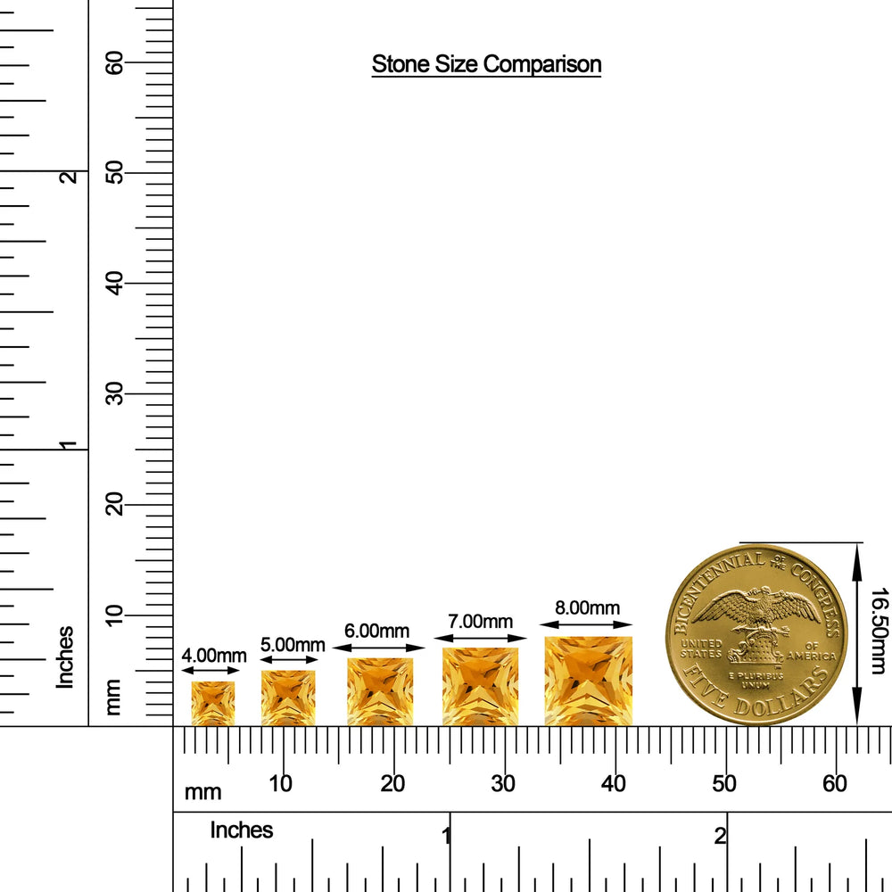 Princess-Cut Citrine Halo Stud Earrings with Moissanite size chart