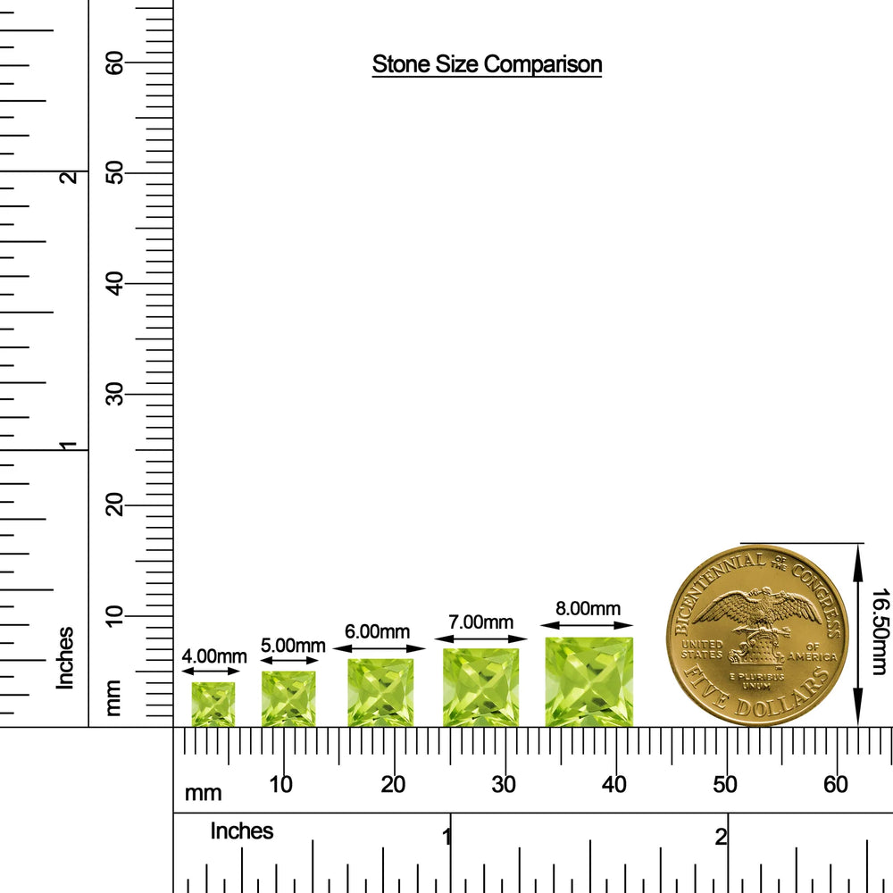 Princess-Cut Peridot Halo Stud Earrings with Moissanite size chart