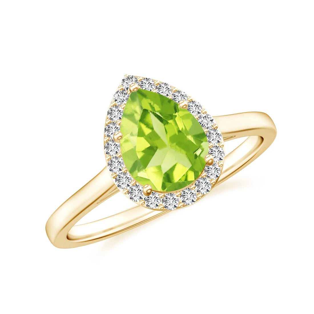 August birthstone peridot - pear-cut peridot halo ring by Topsy Jewels