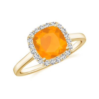 Cushion Cut Fire Opal Halo Engagement Ring with Moissanite Halo