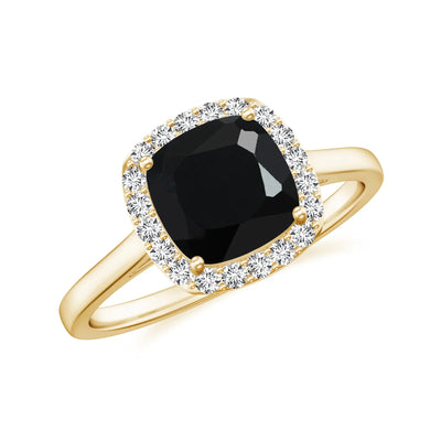 Cushion Cut Black Onyx Halo Engagement Ring with Moissanite Halo