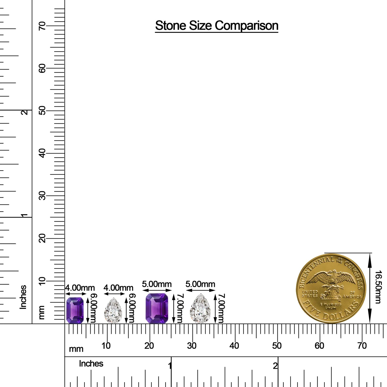 Emerald-Cut Amethyst and Pear Moissanite Toi et Moi Ring size chart