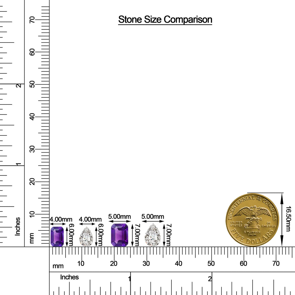 Emerald-Cut Amethyst and Pear Moissanite Toi et Moi Ring size chart