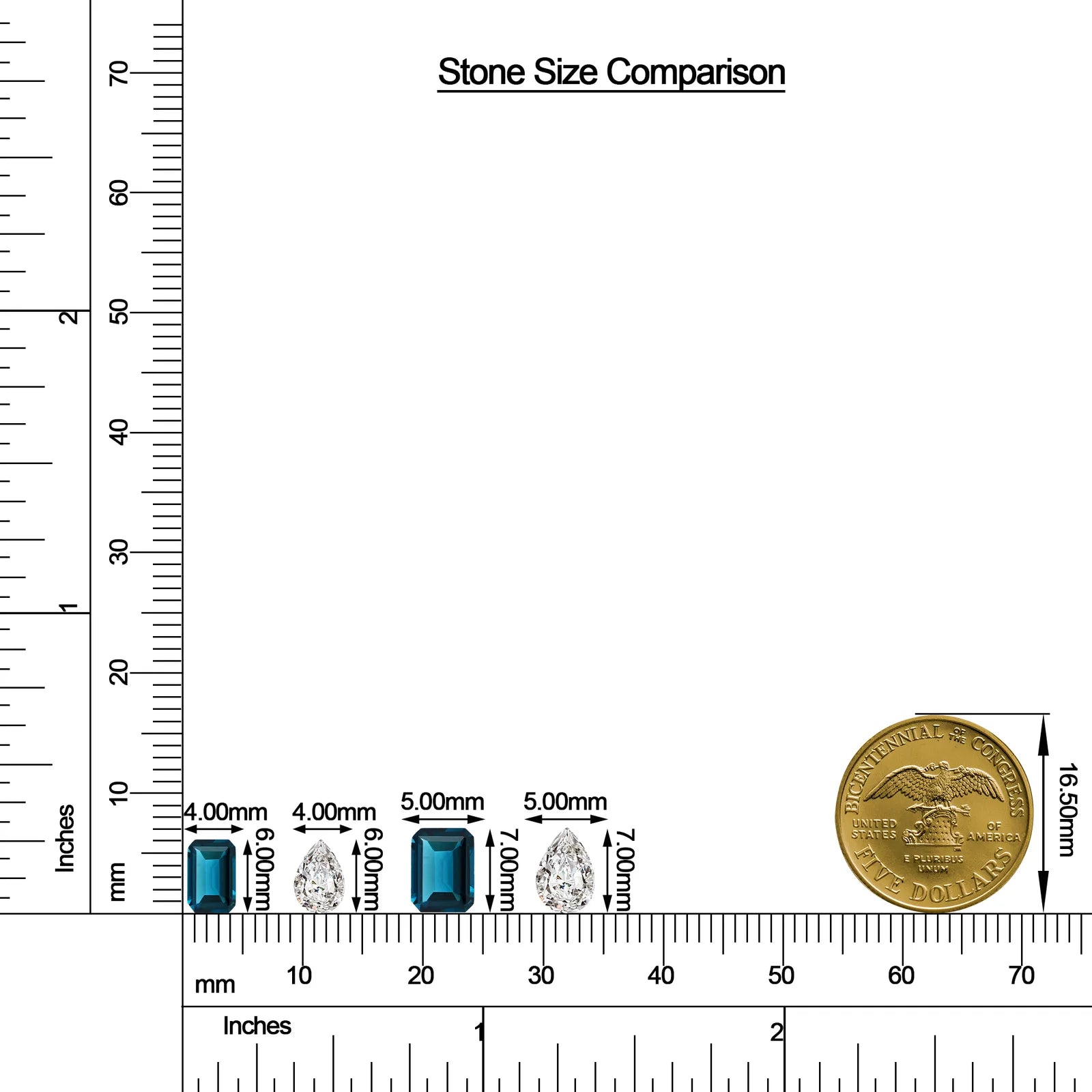 Emerald-Cut London Blue Topaz and Pear Moissanite Toi et Moi Ring size chart