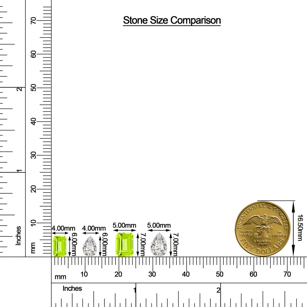 Emerald-Cut Peridot and Pear Moissanite Toi et Moi Ring size chart
