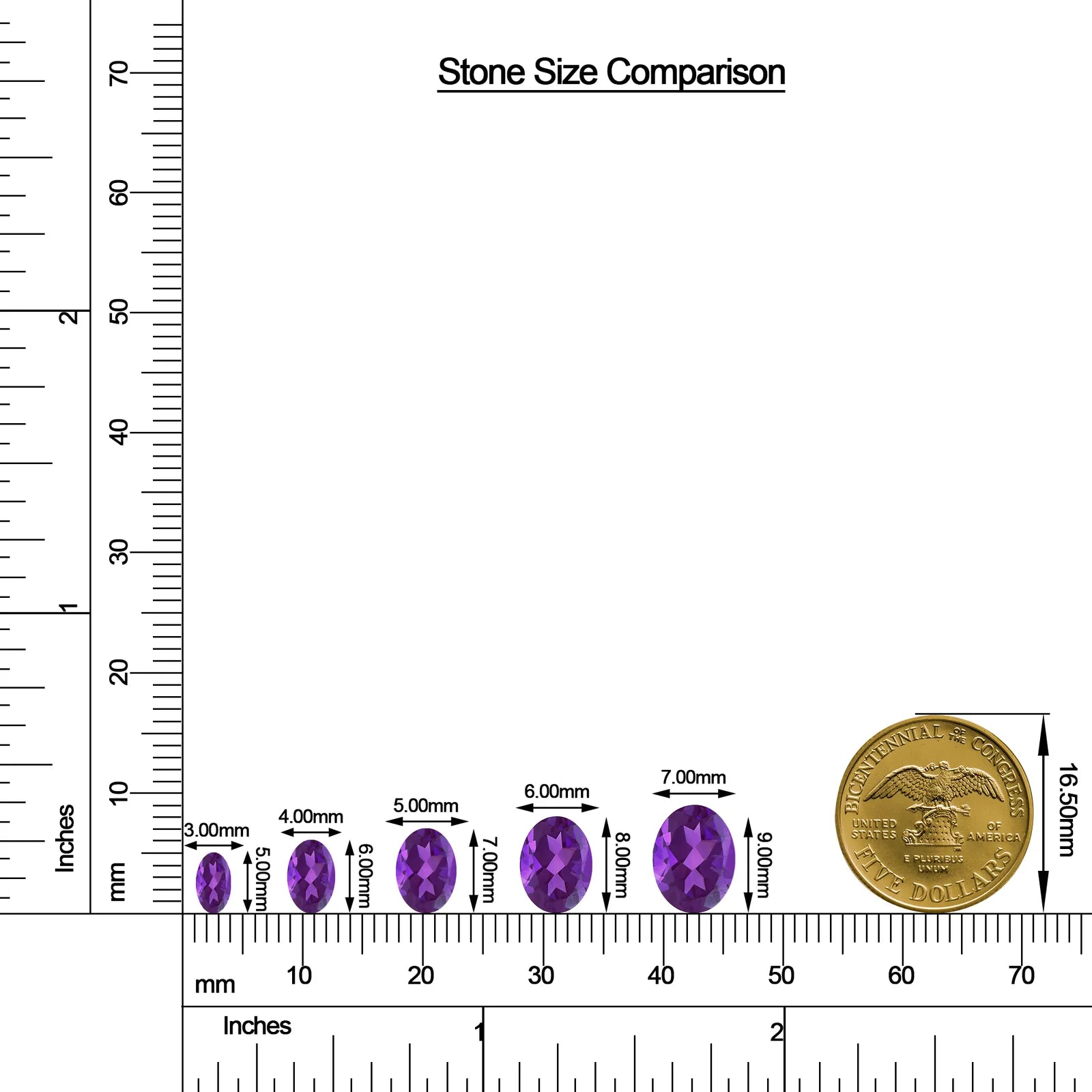 Oval Amethyst Leverback Drop Earrings with Moissanite size chart