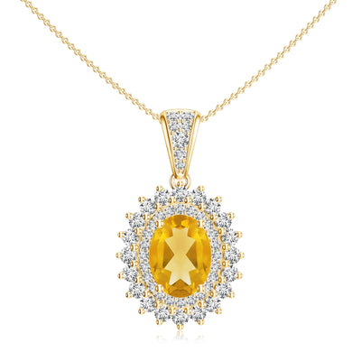 Oval Citrine Floral Double Halo Pendant Necklace with Moissanite