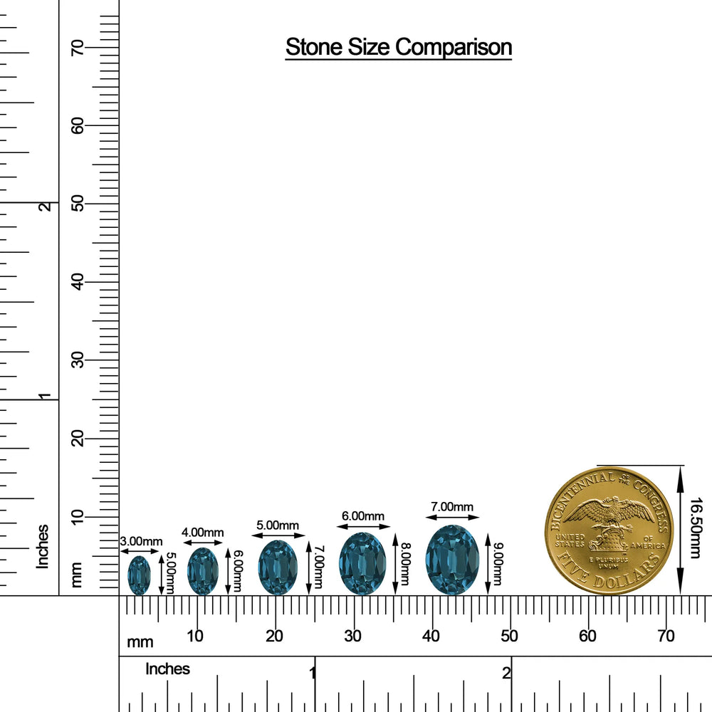 Oval London Blue Topaz Leverback Drop Earrings with Moissanite size chart