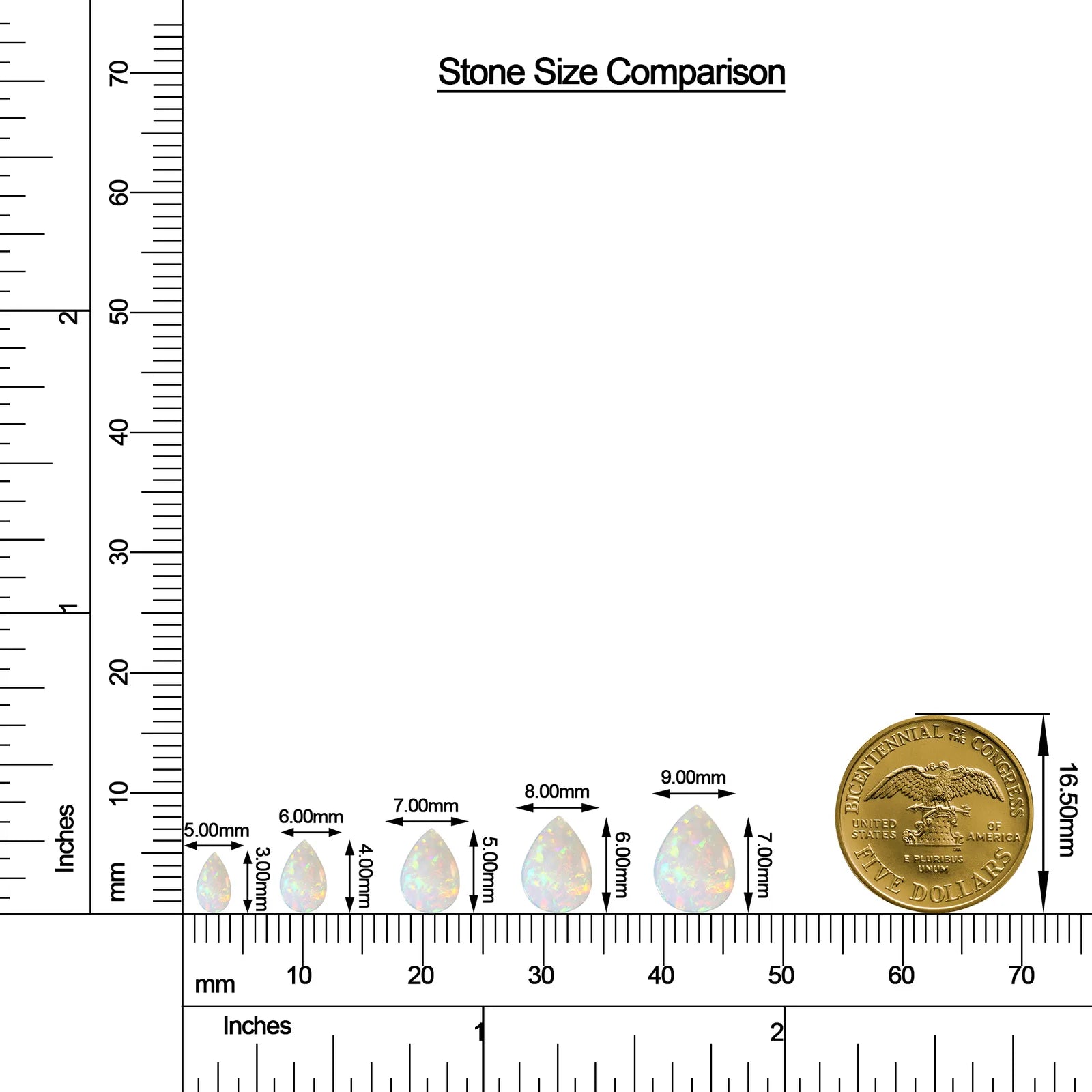 Pear Ethiopian Opal Leverback Drop Earrings with Moissanite size chart