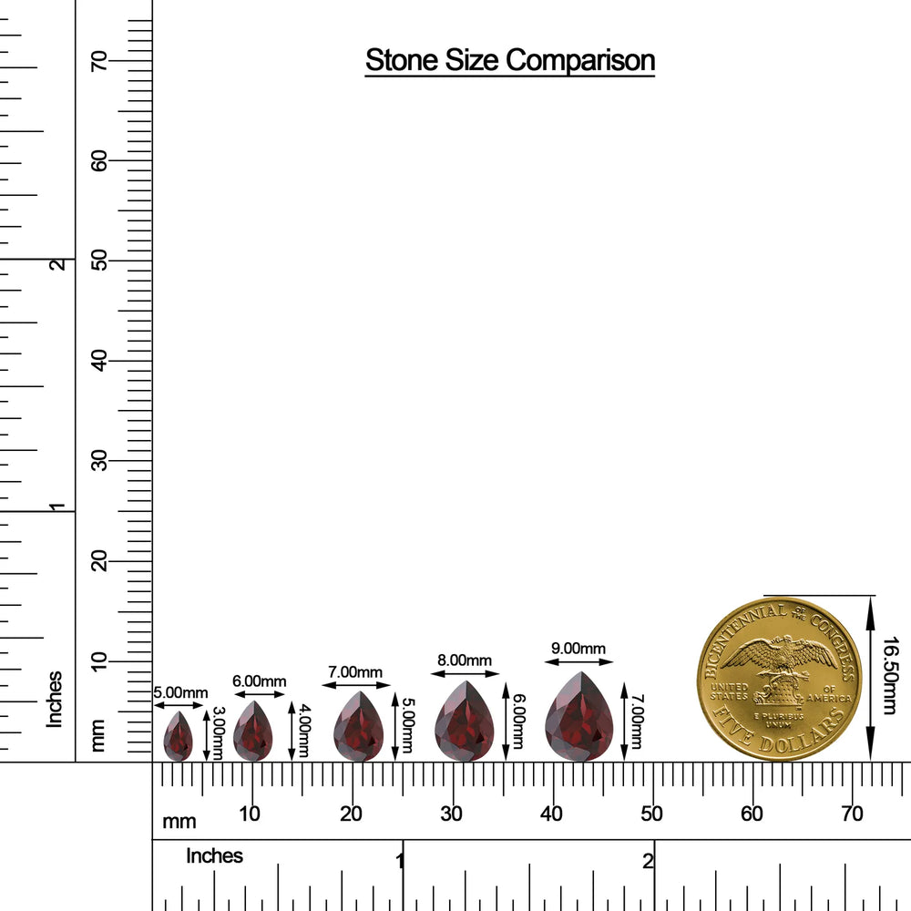 Pear Garnet Leverback Drop Earrings with Moissanite size chart
