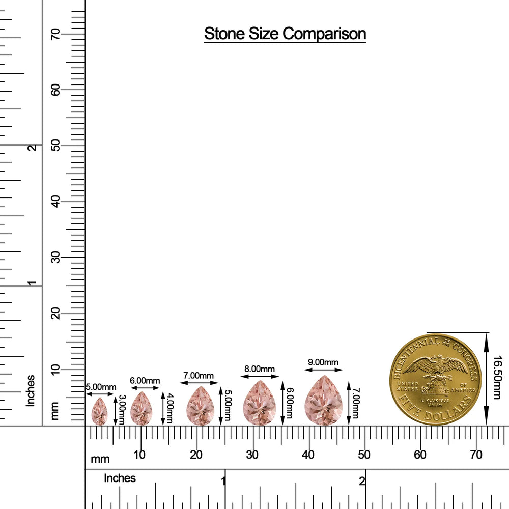 Pear Morganite Leverback Drop Earrings with Moissanite size chart