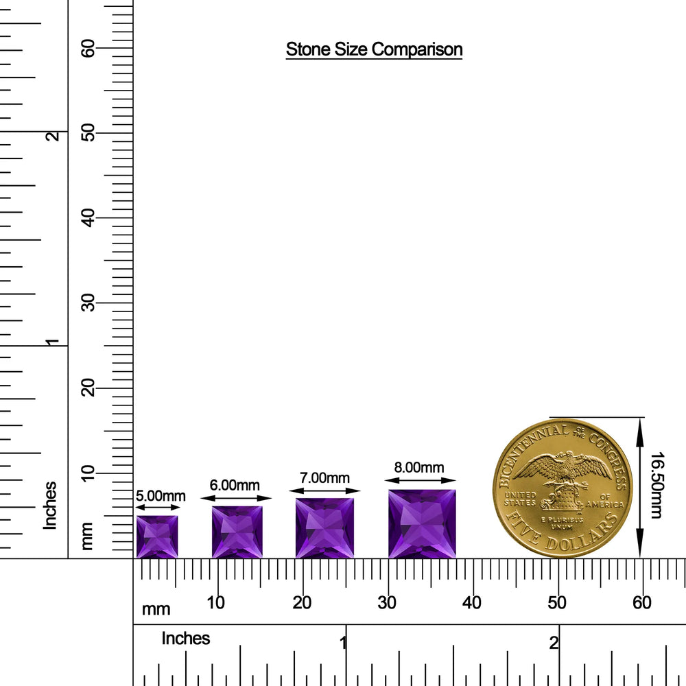 Princess-Cut Amethyst Stud Earrings with Moissanite Accents size chart