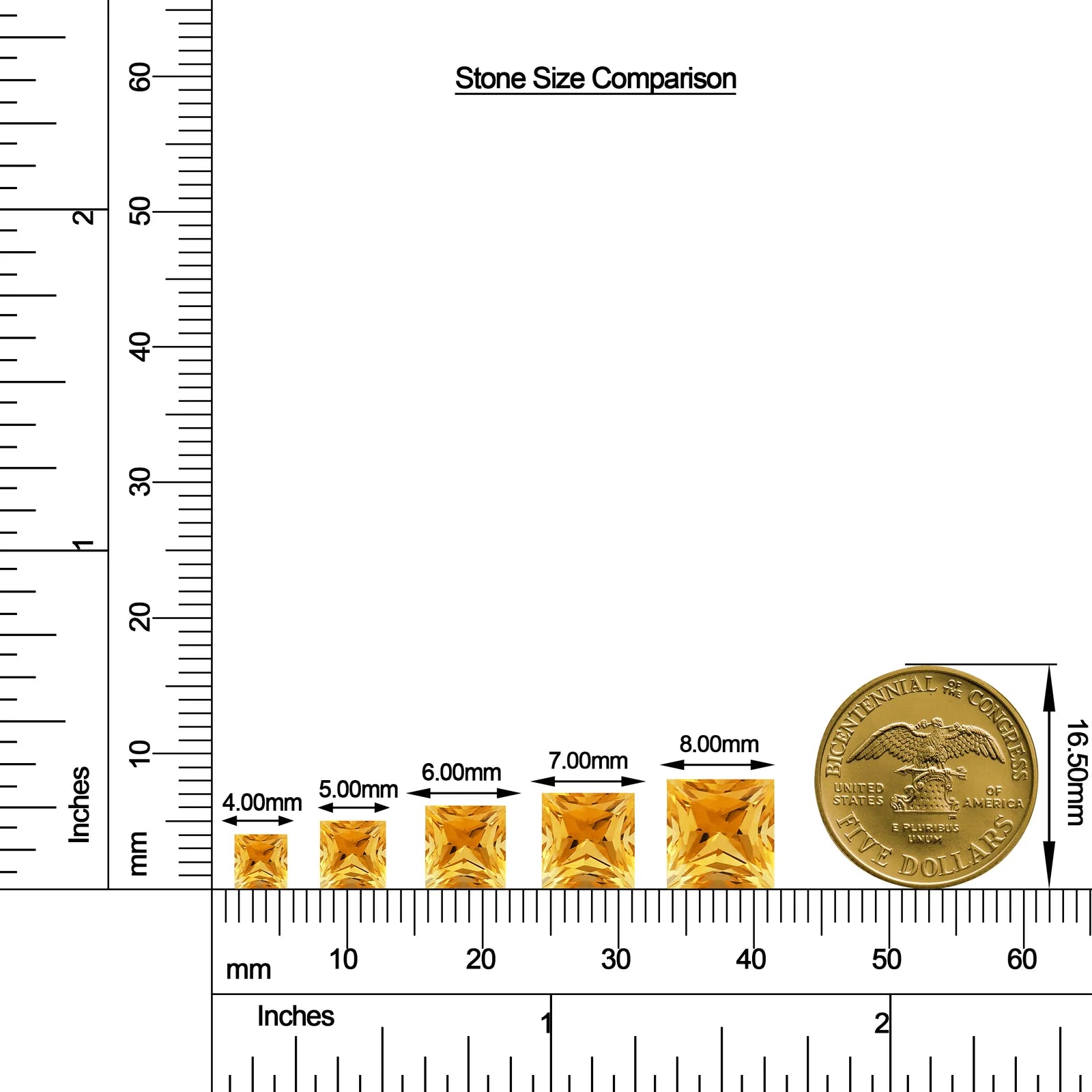 Princess-Cut Citrine Halo Stud Earrings with Moissanite size chart