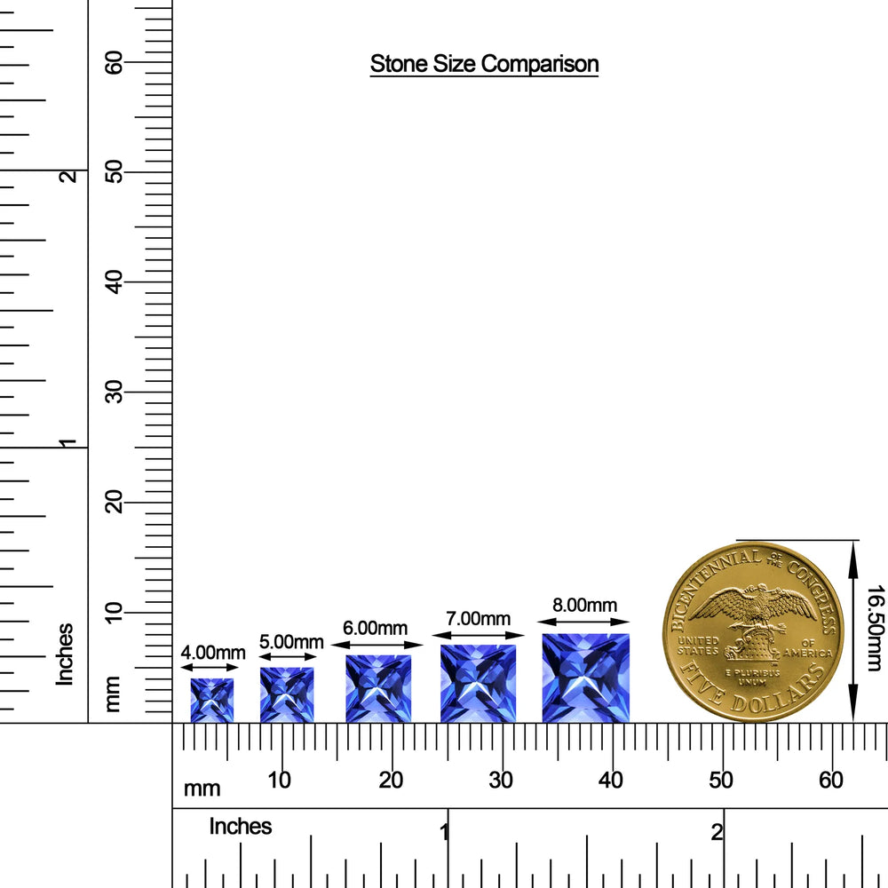 Princess-Cut Tanzanite Halo Stud Earrings with Moissanite size chart