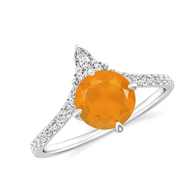 Round Fire Opal Engagement Ring with Pear Moissanite Accent